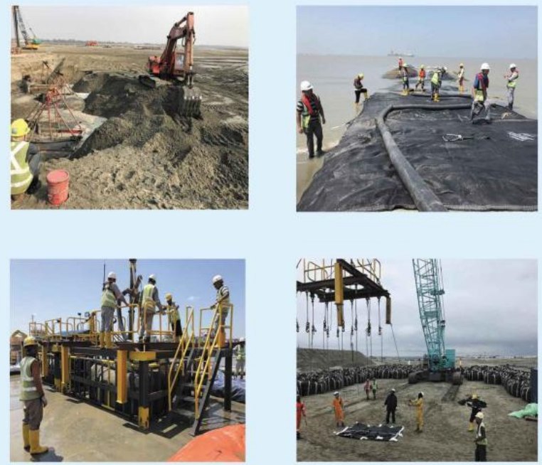 Marine construction at the Matarbari polder roadbed, including excavation, geotextile placement and lifting.